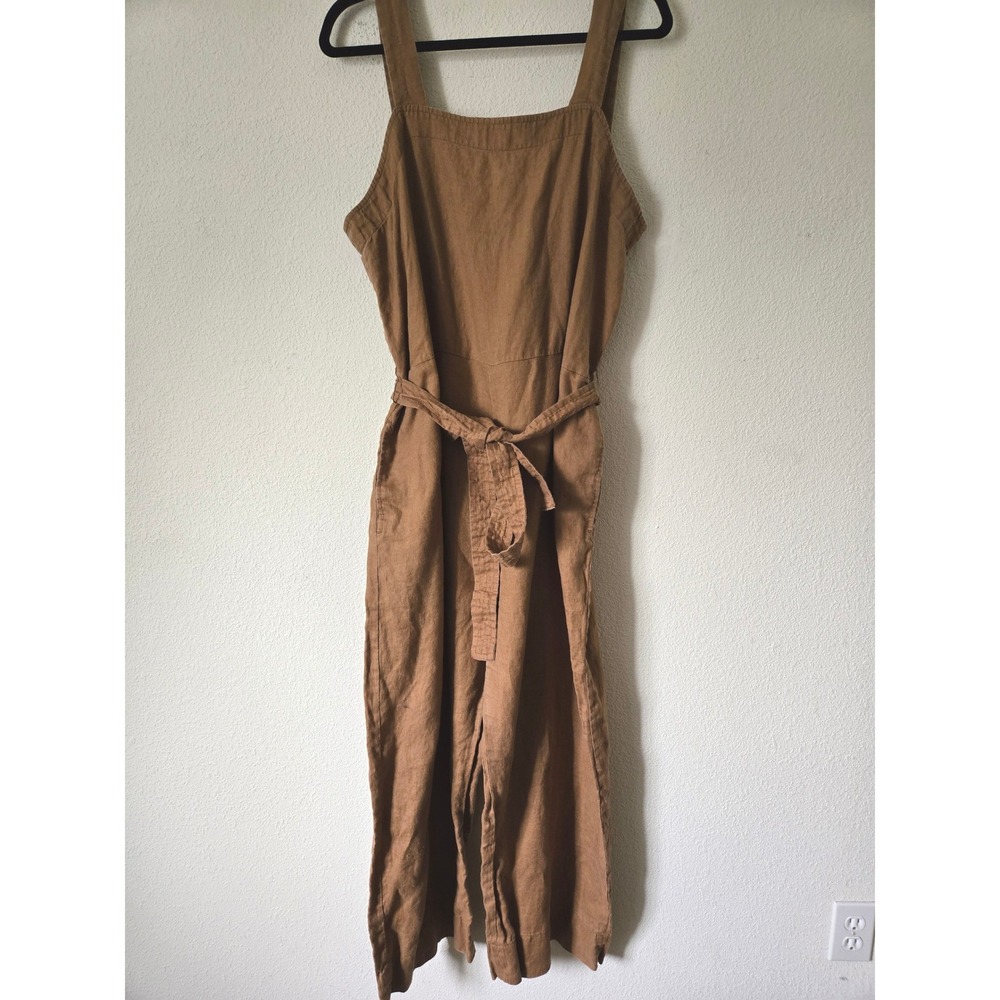 Quince 100% European Linen Square Neck Jumpsuit Brown XL Wide Leg Tie Waist - Picture 2 of 11